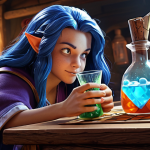 **

A character in Puzzle of Z drinking a potion, instantly replenishing their energy bar. Background should show gameplay elements like quests and events. Focus on the concept of extending playtime using energy elixirs.

**