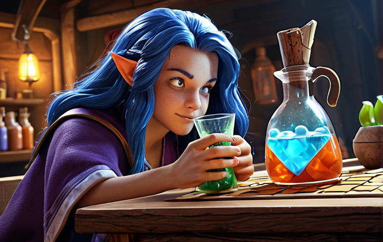 **
A character in Puzzle of Z drinking a potion, instantly replenishing their energy bar. Background should show gameplay elements like quests and events. Focus on the concept of extending playtime using energy elixirs.
**